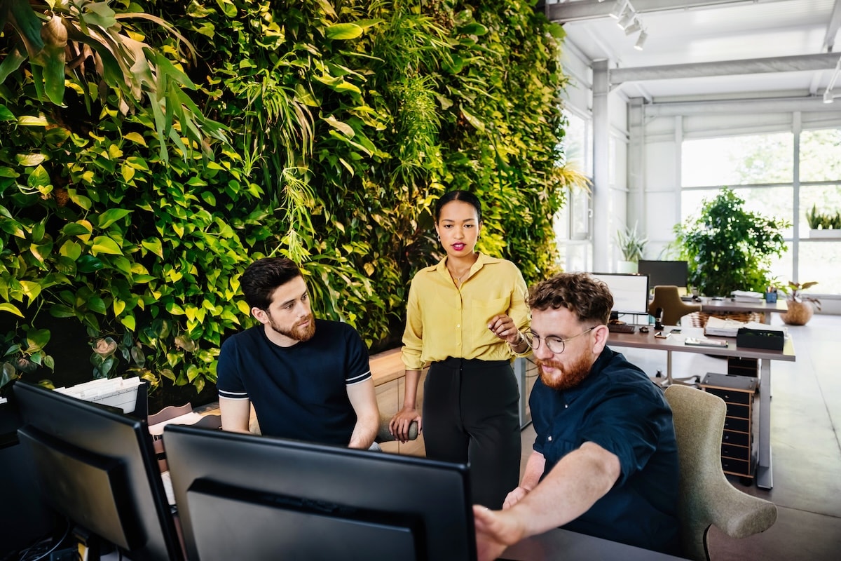 three people looking at computer asking questions